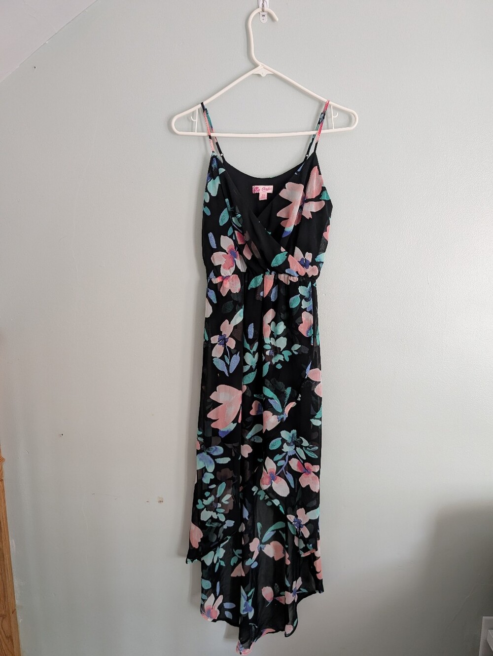 Candie's Black Floral Maxi Dress High‎ Low with Pink & Teal Accents Sz XS